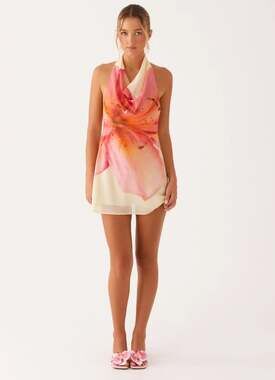 PEPPERMAYO Zofia Size L Yellow Cowl Neck Mini Dress Beach Wedding Guest Stylish